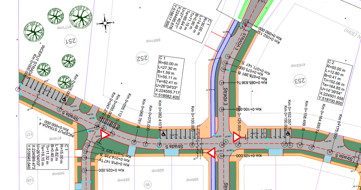 Plan de proiectare a străzilor și intersecțiilor, cu geometrie rutieră, trotuare și parcări